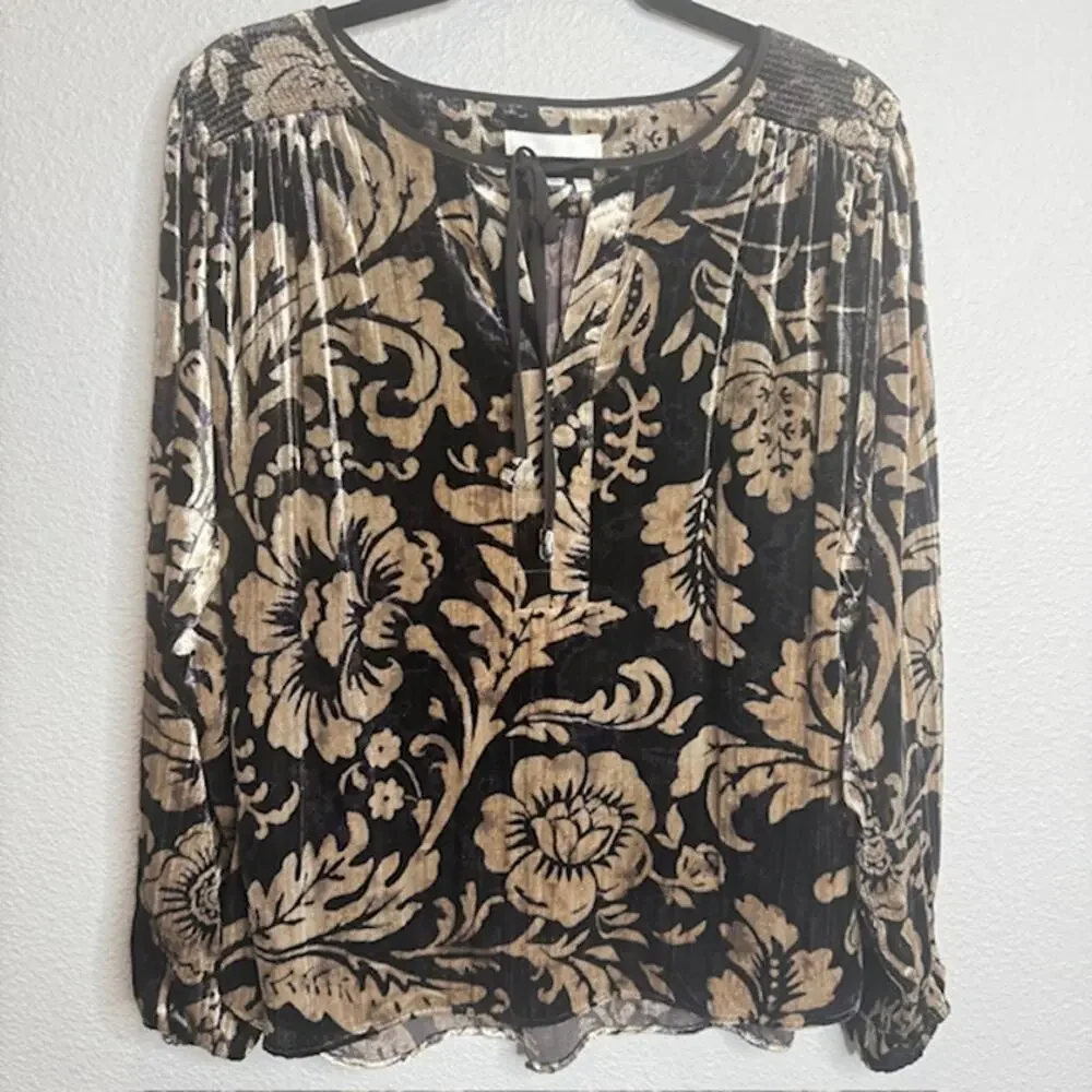 Anthropologie Faustine Velvet Floral Peasant Blouse L Boho Smocked Top